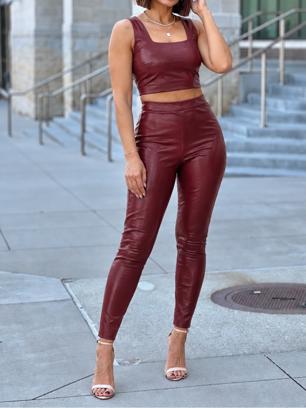 Commando square neck top & High-Waist Faux Leather legging Pants wine M nwt